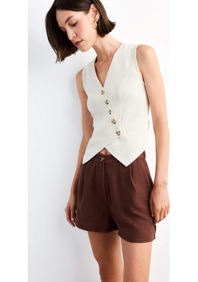 Defacto Slim Fit Dar Kesim V Yaka Keten Yelek G0663ax25smwt34 Beyaz