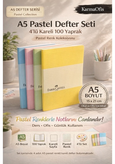 A5 Pastel Defter Seti 4'lü 100 Yaprak Kareli A5 Defter Pastel Renkli Okul Ofis Not Defteri