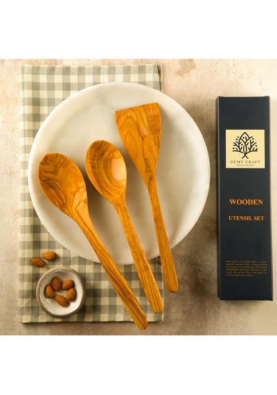 El Yapımı Zeytin Ağacı Mutfak Seti 3 Parça Doğal Ahşap Kaşık Ve Spatula Seti 30 Cm