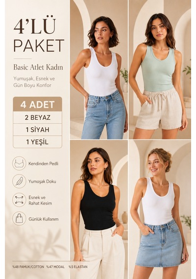 Loule Kadın 4'lü V Yaka Pedli Kaşkorse Atlet Çok Renkli Modal Pamuk