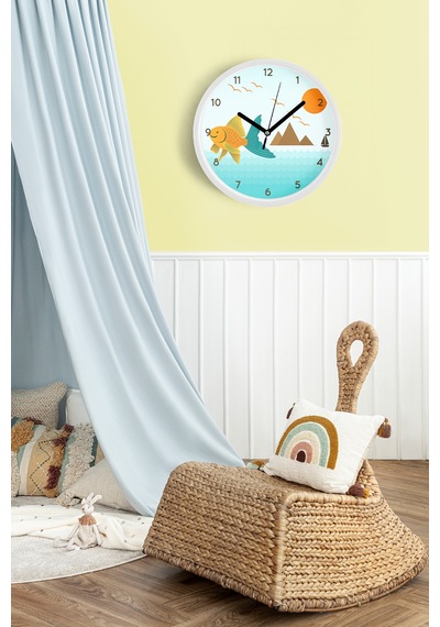Sevimli Balık Tasarımı Çocuk Odası Duvar Saati - 30cm - Önü Camlı Beyaz Kasa - Sessiz Mekanizma-jh0759 Beyaz