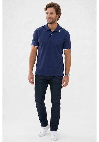 Tudors Erkek Regular Fit Klasik Kesim %100 Pamuk Kısa Kollu Çizgi Detaylı Lacivert Polo Yaka Tişört-50851