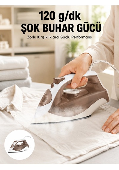 Mey İthalat Seramik Tabanlı Buharlı Ütü 2200w Dikey Ütüleme 300ml Kahverengi Renkli