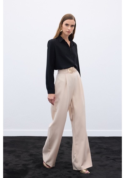 Sateen Aksesuarlı Pantolon - Bej-136561 Bej