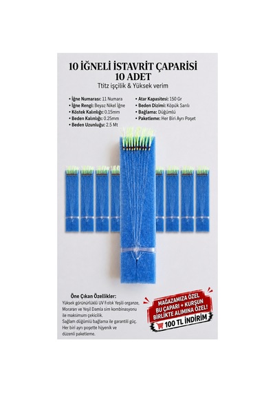 10 İğneli İstavrit Çaparisi 10 Adet 11 Numara İğne 0.25 Beden 0.15 Köstek 150 Gr Atarl Kapasitesi Köpüğe Sarılı Düğümlü El Bağlaması