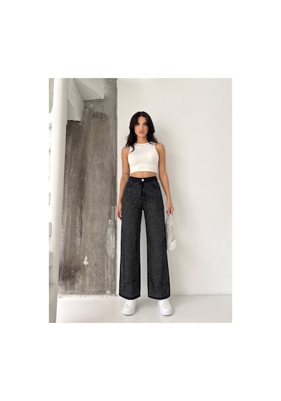 Kene Jeans Ön Taşlı Siyah Denim Wide Leg/bol Paça Pantolon Siyah