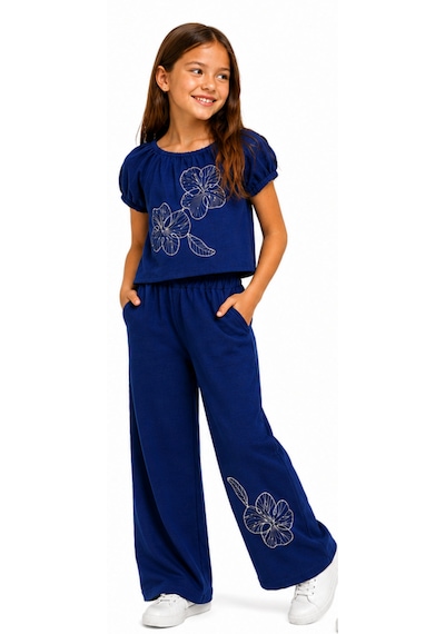 Irem Kız Çocuk Lastikli Kayık Yaka Balon Kol Model Çiçek Nakış İşlemeli Pantolonu Geniş Yaka Model Beli Lastikli Lacivert Renk Müslin Şık Takım Irem Kız Çocuk Lastikli Kayık Yaka Balon Kol Model Çiçek Nakış İşlemeli Pantolonu Geniş Yaka Model Beli Lastikli Lacivert Renk Müslin Şık Takım