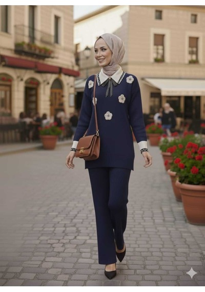 Sayzen Your Shine Gömlek Yaka Broşlu Alt-üst 2'li Triko Takim Sdnz-2501 Lacivert