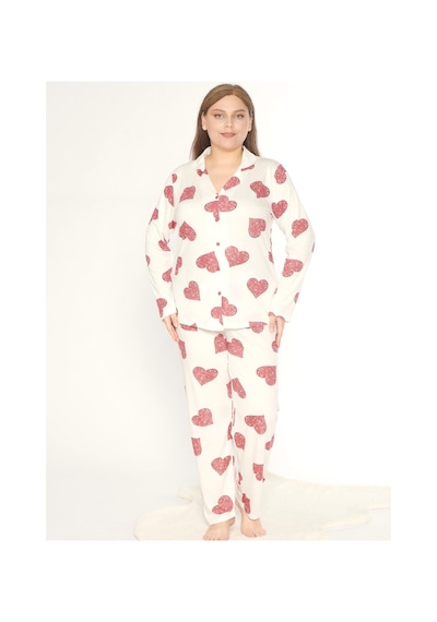 Boydan Düğmeli Battal Kalp Desen Uzun Kol Pijama Takım Mevsimlik Alperi B790-47 Bordo