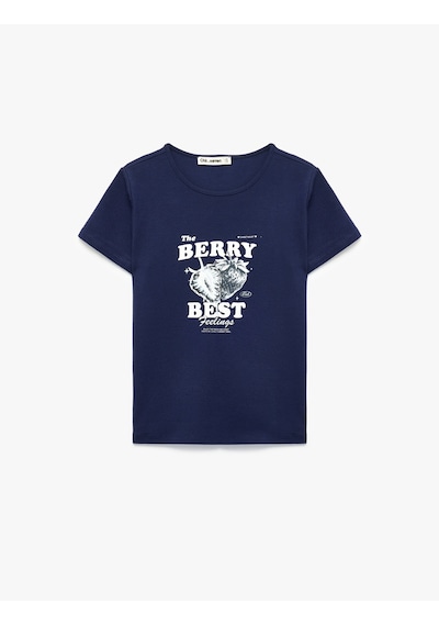 Koton Slim Fit Kısa Kollu Bisiklet Yaka Çilek Baskılı Tişört Lacivert 6sal10875ık