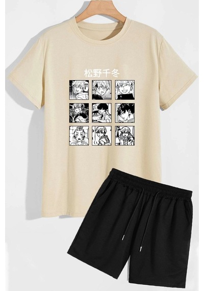 Uyguntarz Rahat Tasarım Anime Şort T-shirt Eşofman Takımı Bej
