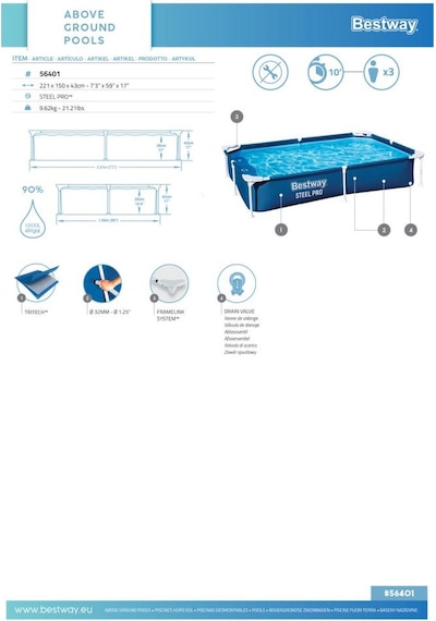 Bestway Bestway 56401 Steel Pro Yer Üstü Prefabrik Dikdörtgen Havuz 2,21 M X 1,50 M X 43 Cm