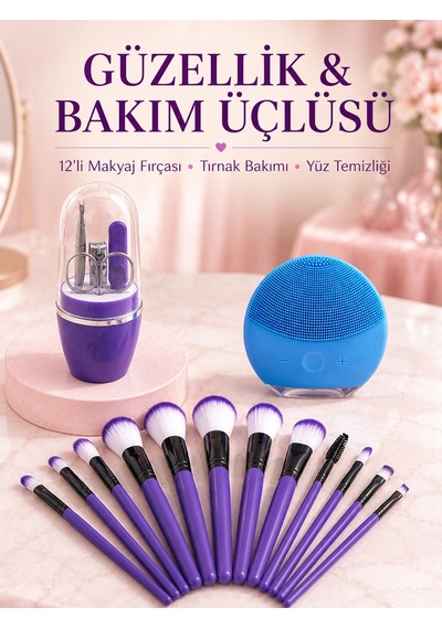 Kadın Makyaj Ve Kişisel Bakım Seti 12 Parça Makyaj Fırçası Silikon Yüz Temizleyici Manikür Pedikür T
