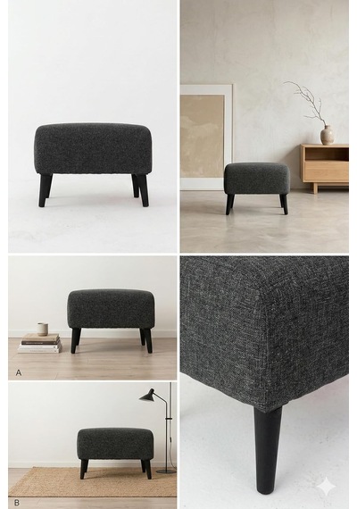 Coart Home Minimalist İskandinav Tarz Puf, Antrasit Gri, 48x40x38 Cm, Keten Kumaş, Ahşap Ayaklı, Dikdörtgen Diğer