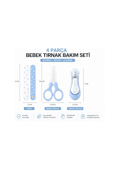 Ayrex 4 Parça Bebek Tırnak Bakım Seti Mavi Güvenli Makas, Tırnak Makası, Törpü Yenidoğan Bebek Bakım Seti