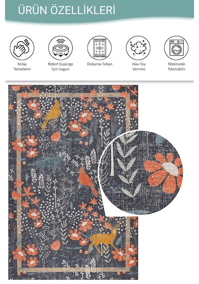 Florart Lacivert / Turuncu Doğa Temalı Çiçekli Dokuma Tabanlı Modern Şönil Halı Al 480 Bej