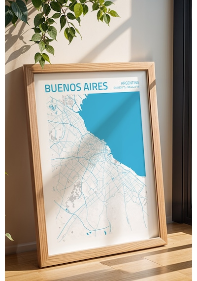 Buenos Aires Arjantin Haritası Çerçeveli Tablo Lüks Salon Ofis Duvar Dekorasyonu Hediyelik Tablo Kayın
