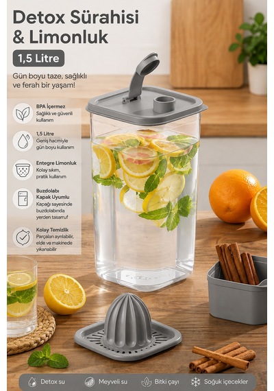 Porsima 06-1109 Detoks Sürahi & Limonluk Şeffaf 1,5 L - Gri