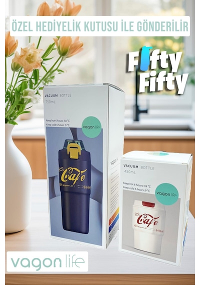 Vagonlife 2'li Çelik Termos-kahve Bardağı Seti 750ml Çift Kullanım Termos//450ml Mug Kahve Bardağı Beyaz