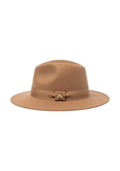 Tezzgelsin Kadın Metal Düğme Detaylı Kurdele Şeritli Kaşe Fedora Fötr Şapka Camel