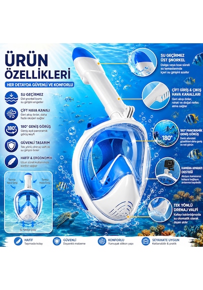 Tam Yüz Şnorkel Maske Panoramik Görüş Dry Top Sistem Dalış & Deniz Maskesi Anti-fog Su Geçirmez Snorkel Seti Açık Mavi