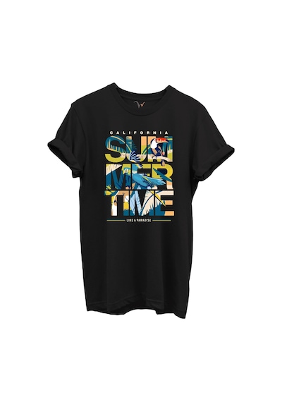 California Summertime Ve Tropikal Papağan Ve Palmiye Desenli %100 Pamuk Regular Fit Unisex T-shirt Siyah
