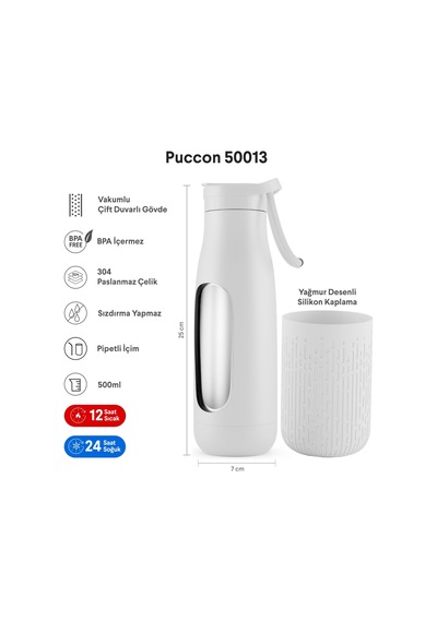 Puccon Pipetli 500 Ml Beyaz Paslanmaz Çelik Matara/suluk - Silikon Gövde Yağmur - 50013