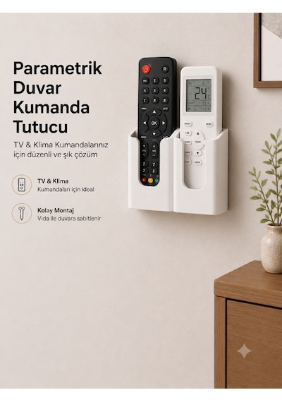 Duvara Monte Kumanda Tutacağı Yapışkanlı Veya Vidalı Tv Klima Kumandası Aparatı 5,5x3 Cm İç Ölçü - 2 Adet Beyaz