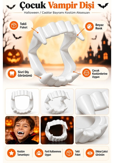 Halloween Cadılar Bayramı Çocuk Vampir Dişi Tekli Paket Kostüm Parti Aksesuarı Beyaz Sivri Diş