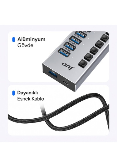 Juo Usb-a 7 Portlu Anahtarlı 5 Usb-a 2 Type-c 5gbps Usb 3.1 Çoklayıcı Dönüştürücü Hub