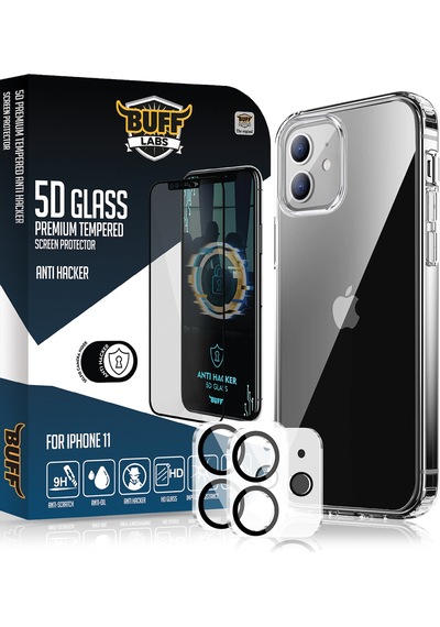 Buff Apple Uyumlu iPhone 11 Avantaj Paket - Air Hybrid Kılıf + Ekran Koruyucu + Lens Koruyucu Anti Hacker Koyu Siyah