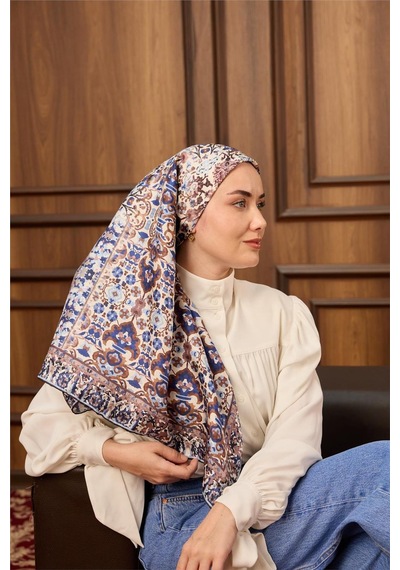 Silk Home Twill İpek Eşarp Krem Lacivert Desenli Tok Duruşlu Kaymaz 90x90 Çok Renkli