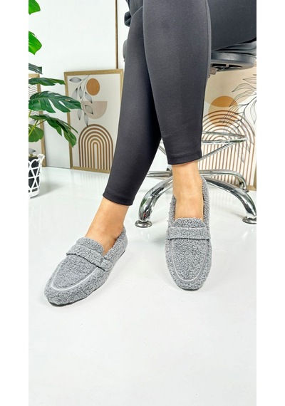 Günlük Kadın Loafer Peluş Astarlı Oval Burunlu Alçak Desenli Tabanlı Ayakkabı 375 Gri