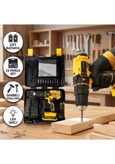 12v Akülü Matkap Seti 24 Parça, Çift Bataryalı, 2 Vitesli Ve Led Aydınlatmalı