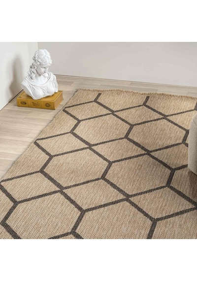 Siyah Bej Altıgen Geometrik Modern Jüt Görünümlü Halı - L669hıın Kahve