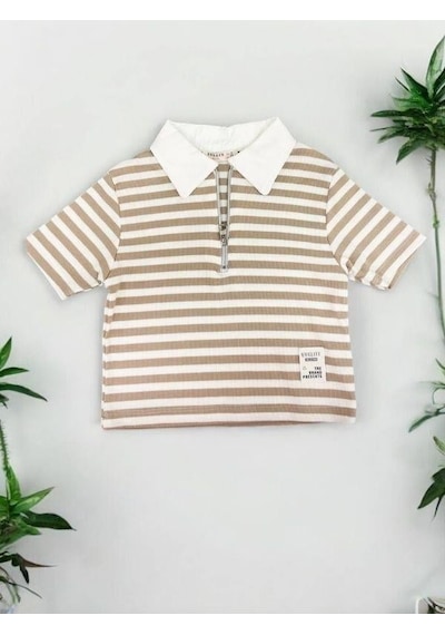 Zekids Kız Çocuk Polo Yaka Çizgili T-shirt-14393 Vizon