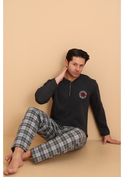 Wordex Flk 7014 İnterlok Kışlık Ekose Pijamalı Erkek Pijama Takımı Antrasit