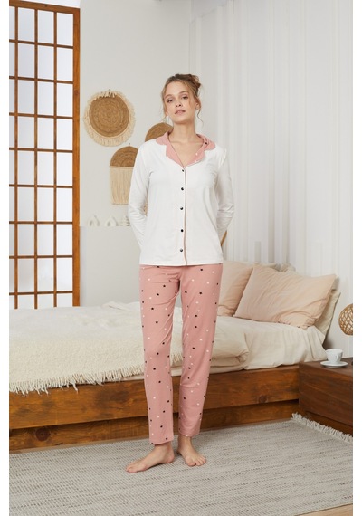 Siyah İnci Gömlek Yaka Düğmeli Milan Örme Pijama Takım25224001 Ekru
