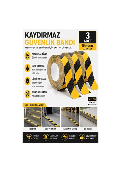 Merdiven Kaydırmaz Bant Sarı Siyah 25mm 3 Adet Mas Güvenlik Uyarı Bandı 15 Metre 2.5 Cm Yapışkanlı Basamak Mermer Beton
