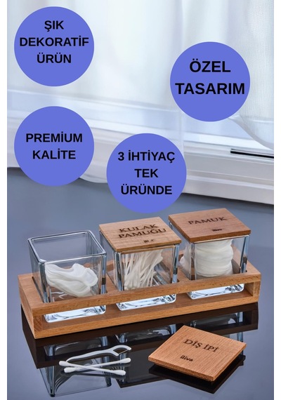 3'lü Standlı Kulak Pamuğu Pamuk Ve Diş İpi Kavanozu Cam Pamukluk, Dekoratif Banyo Düzenleyici Şeffaf