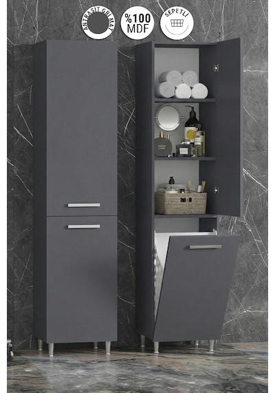 40x167 Cm Antrasit Gri Mdf Sepetli Ayaklı Banyo Boy Dolabı