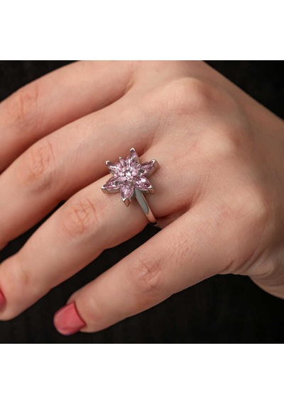 925 Ayar Gümüş Ayarlanabilir Pembe Lotus Çiçeği Kadın Yüzük Renkli