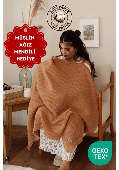 Zeypba 4 Katlı Müslin 4 Katlı Müslin Emzirme Örtüsü & Puset Örtüsü Püsküllü %100 Pamuk 85x110 CM Sütlü Kahverengi