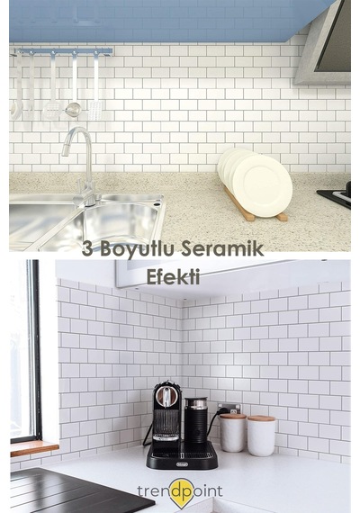 Trendpoint 3d 30 30cm Mutfak Tezgah Arkası Kaplama Kendinden Yapışkanlı Beyaz Seramik Görünüm Banyo