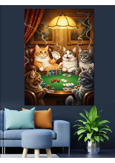 Ahşap Tablo Poker Oynayan Kedi Grubu