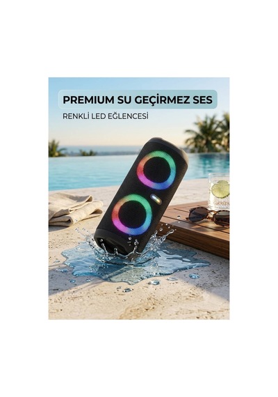 Rgb Led Işıklı Suya Dayanıklı Yükses Kaliteli Radyo Usb Aux Sd Kart Girişli Bluetooth 30cm Hoparlör Süper Bass Siyah - 889430347