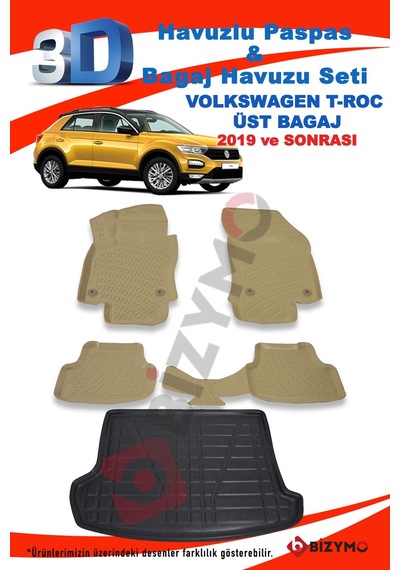 Volkswagen T-Roc 2019+ 3D Havuzlu Bej Paspas + Üst Bagaj Havuzu