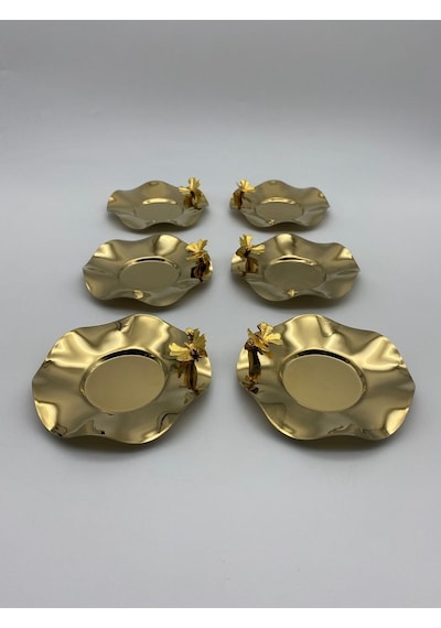 6'lı Kelebekli Gold Dalgalı Model Paslanmaz Çelik Çay Tabağı, Fincan Ve Kupa Altlığı Gold