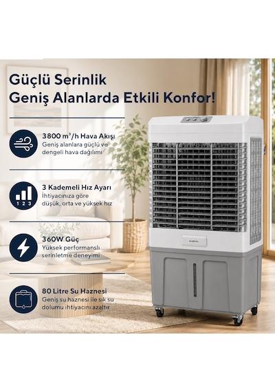 Kumtel 80 Litre Sulu Portatif Hava Soğutucu Air Cooler Büyük Boy Hac-100