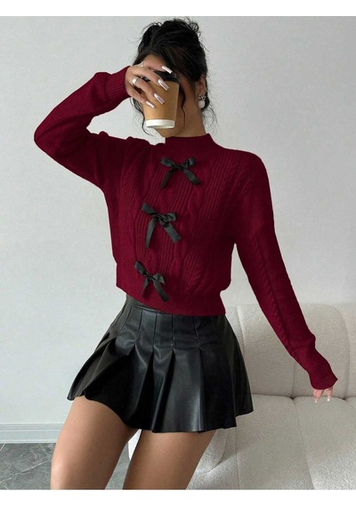 Sayzen Your Shine Örgülü Fiyonk Detaylı Triko Kazak Sy-2501-kzk Bordo
